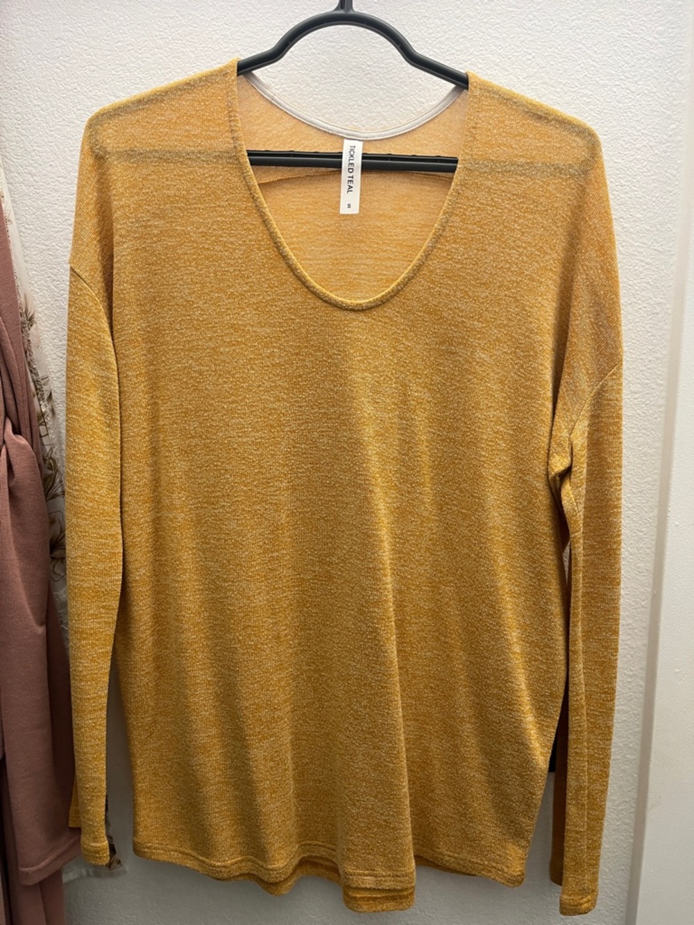 Tickled Teal Mustard Yellow Lightweight Scoop Neck Long Sleeve Top
